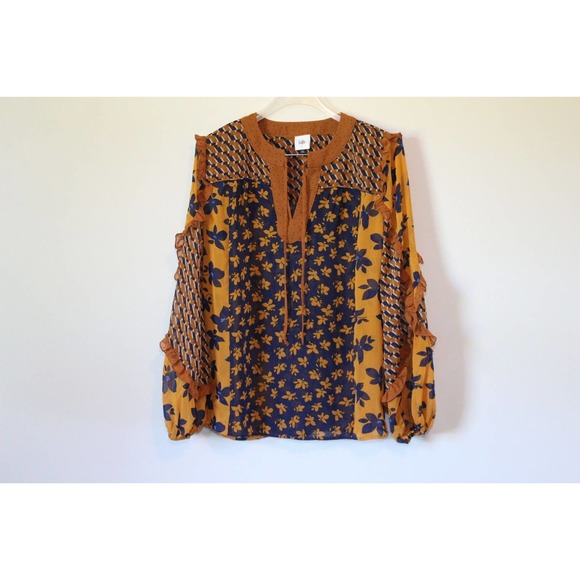 NWT Cabi Floral Harmony Ruffle Boho Blouse 3953 Brown Blue Size Small H14864 - Picture 2 of 12